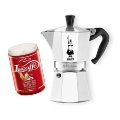 Bialetti Moka Express 6 kupin mutteripannu + Lucaffé Classic 250 g jauhettu kahvi
