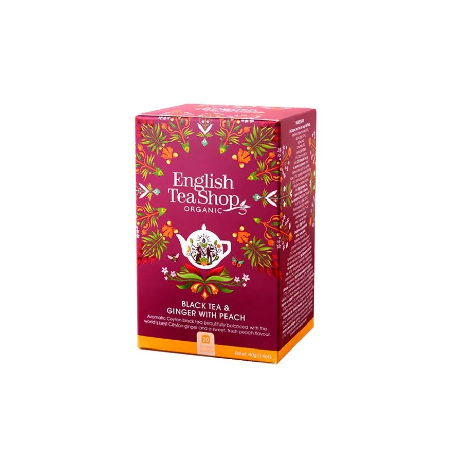 English Tea Shop Organic Black Tea & Ginger With Peach, 20 teepussia