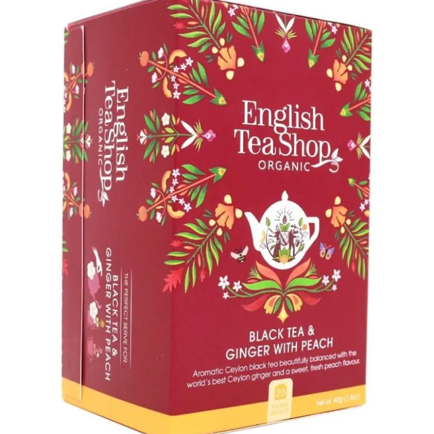 English Tea Shop Organic Black Tea & Ginger With Peach, 20 teepussia