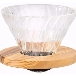 Hario Olive Wood V60 koko 01 lasinen suodatinsuppilo puukauluksella