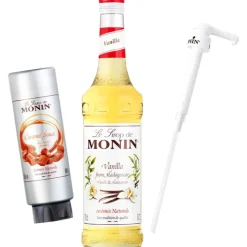 Monin Vanilla 700 ml + Monin karamellikastike 500 ml + Monin-siirappipumppu